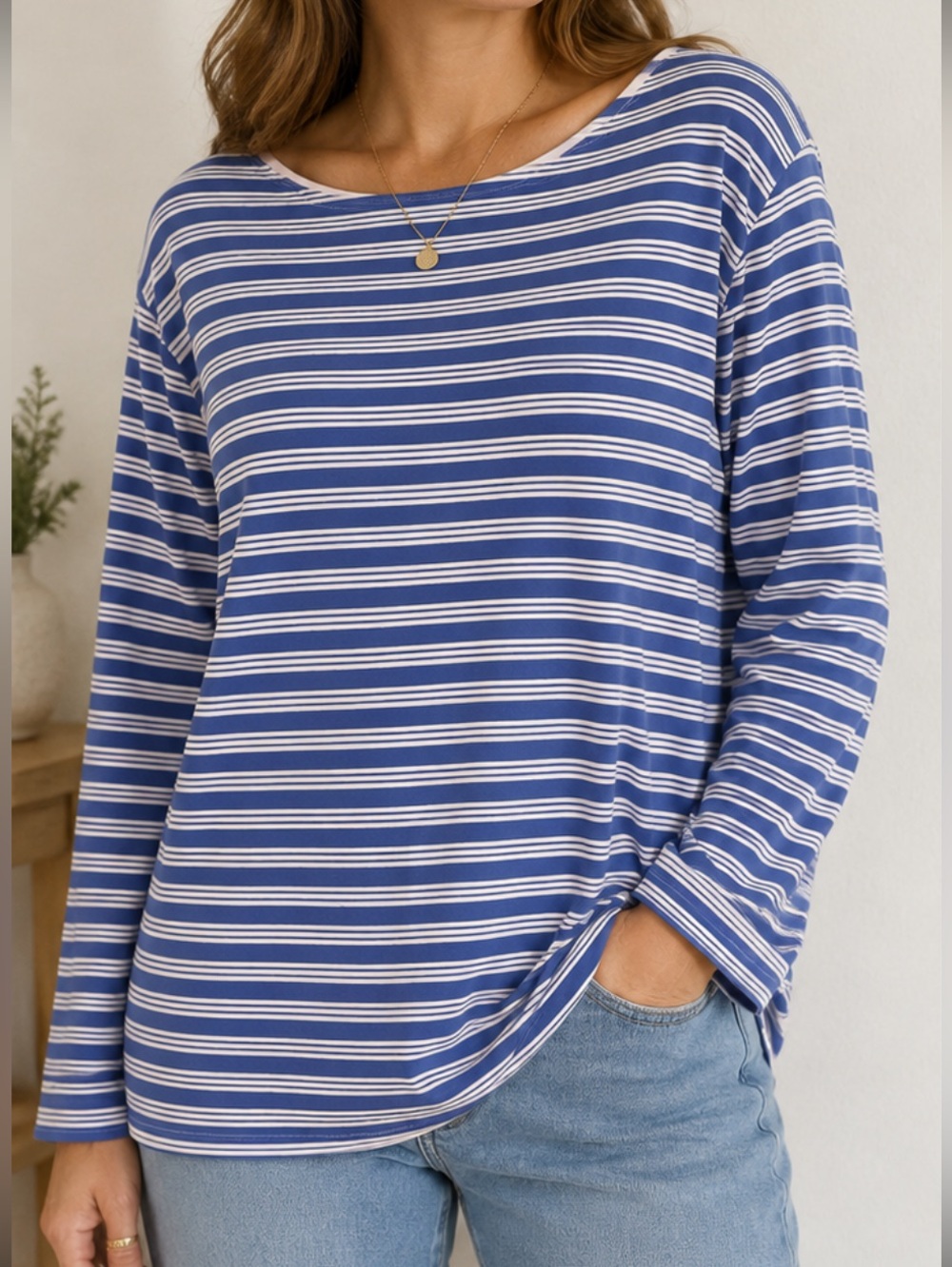 Talbots Striped Long-Sleeve Boatneck Top - Blue/White size xlg